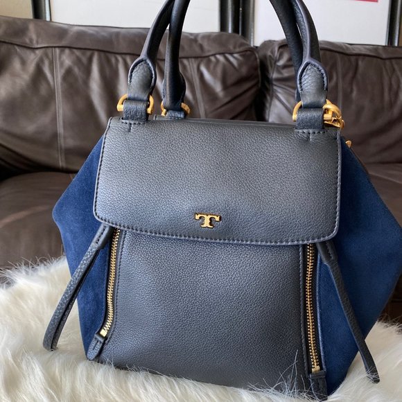 Tory Burch Handbags - Tory Burch Half Moon Satchel in Black Leather & Navy Suede (Authentic)